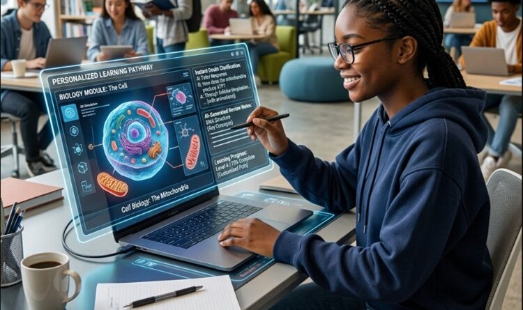 Uma estudante sentada a uma secretária com um computador à frente e um caderno ao lado